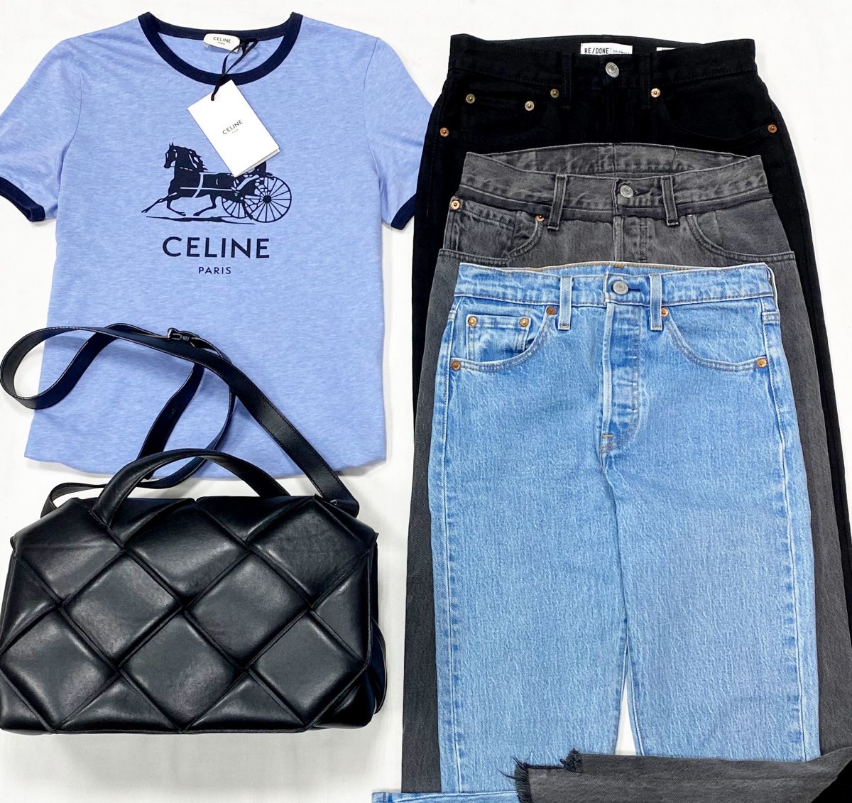 Футболка Celine размер XS цена 23 078 руб/с биркой/ Джинсы Re/Done/ Vetements / размер 25/26 цена от 4 616 руб 23 078 рубСумка Bottega Veneta