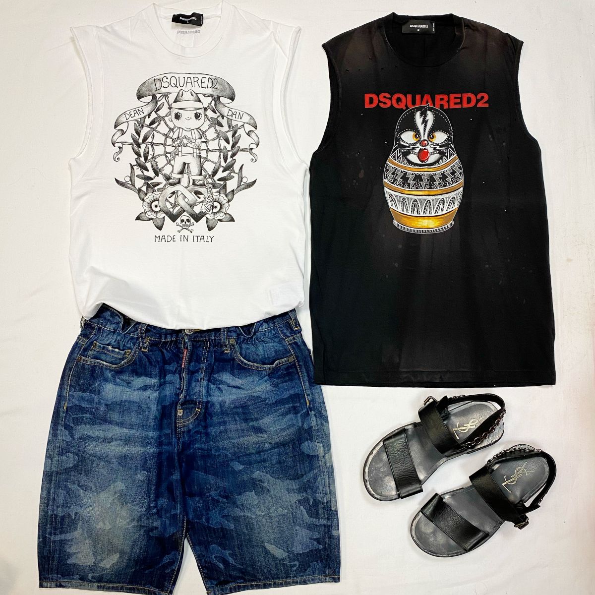 Майки Dsquared размер M- L цена / белая / 3 078 руб / чёрная / цена 2 308 руб Шорты Philipp Plein размер 46 цена 3 078 руб Босоножки YSL размер 43 цена 4 616 руб